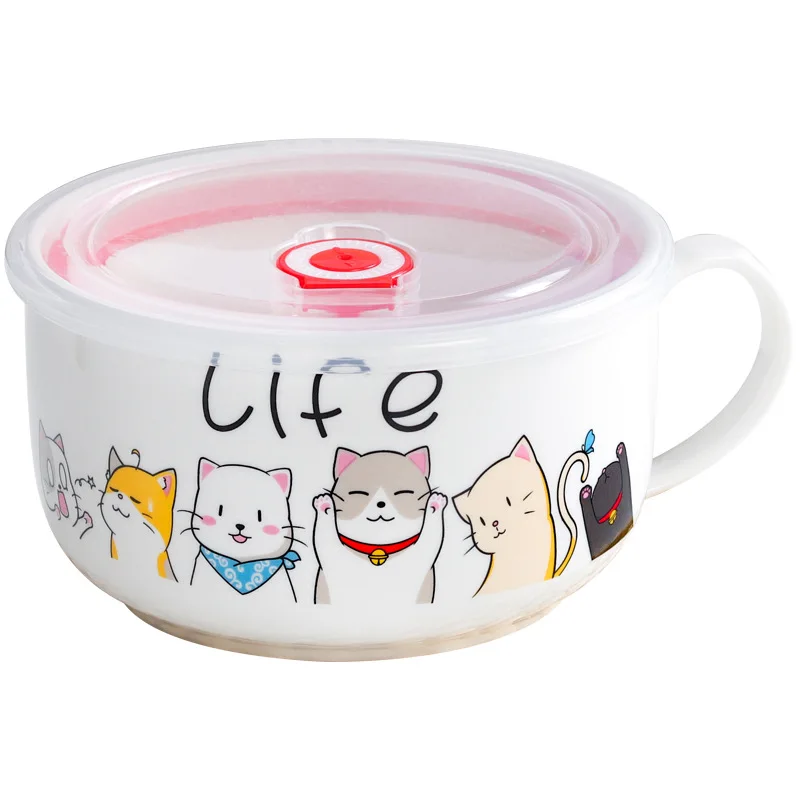Instant Noodle Bowl Cartoon Ceramic with Lid and Handle Breakfast Cup Student Dormitory Large Oatmeal Cup Sealed Noodle Bowl