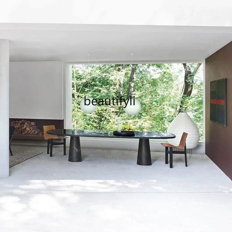 yj7 Nordic natural marble dining table, modern minimalist light luxury model room rectangular 8-person dining table