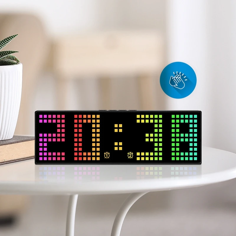 RGB Colorful Digital Alarm Clock, Voice-controlled Wake-up, Matrix Led Desktop Decor Clock with Hanging Hole Date Timer Function
