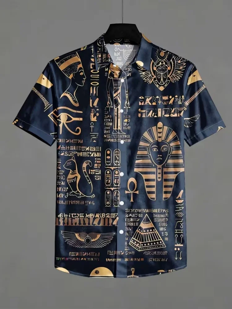 Men's Ancient Egyptian Elements Full Print Men's Short Sleeve Shirt Pharaoh Pyramid Pattern Flip Collar Casual Button Shirt