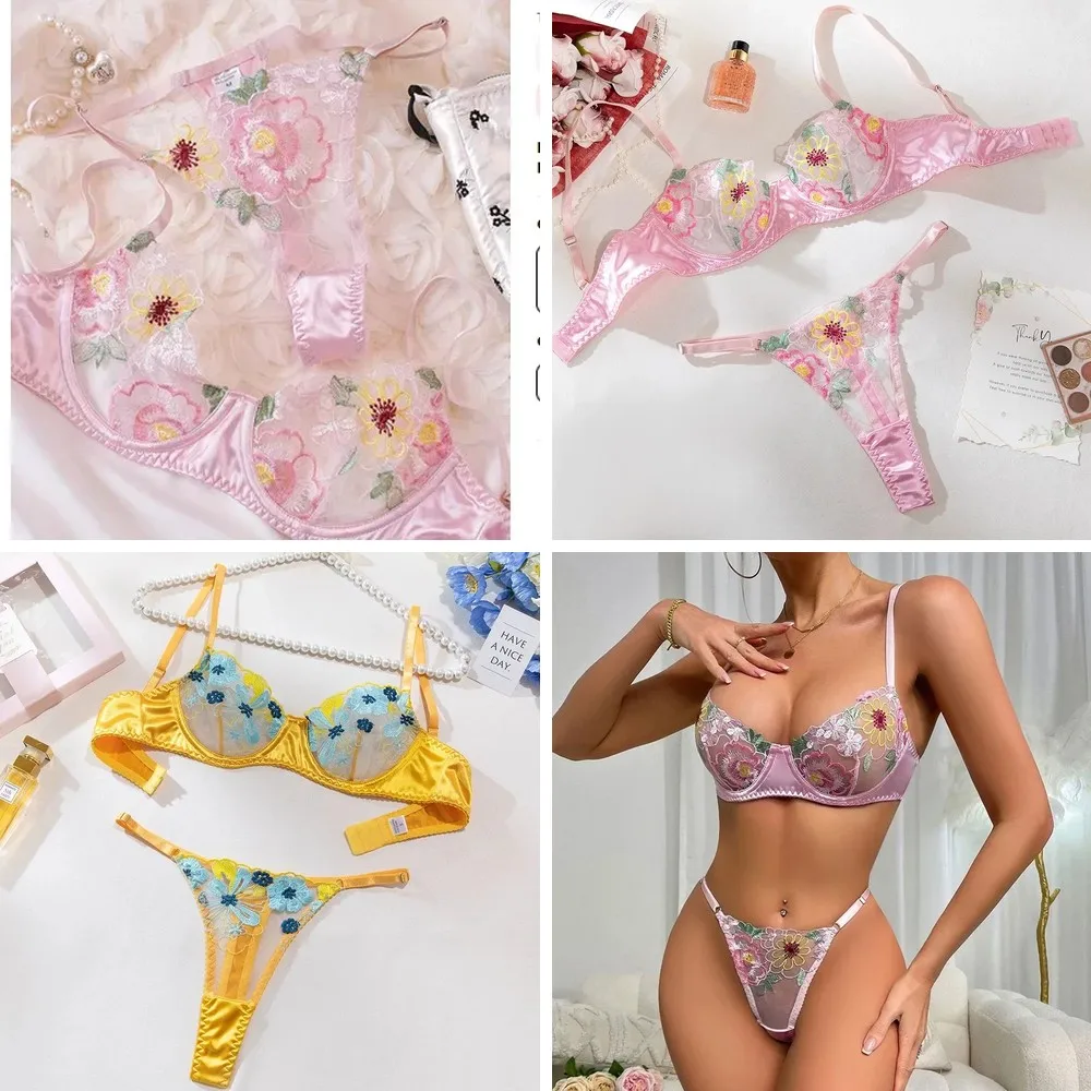 

Ultra Thin Mesh Bra & Panty Set Floral Embroidery Halter Lingerie for Women