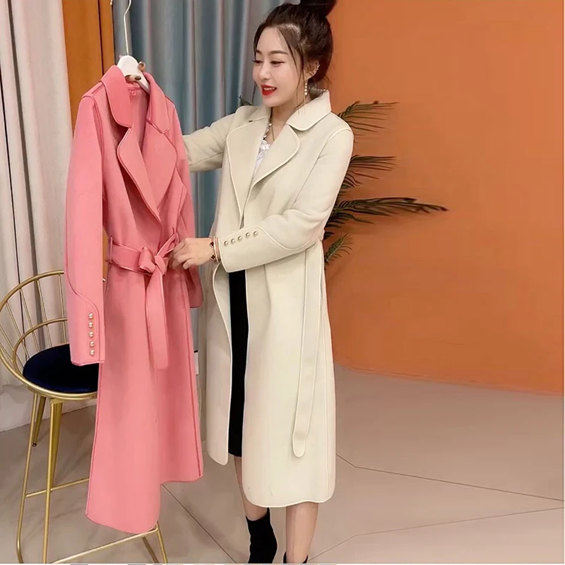 

French Warm Double Cashmere Overcoat Women New Winter 2023 Classical Belt Retro Loose Female Woolen Coat Chic Casual Long Jacket