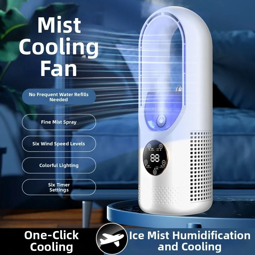 Bladeless Desktop Humidifying Fan Colorful Lights Timer Mini Air Cooler Digital Display 6 Speed Mist Electric Fan Outdoor Tent