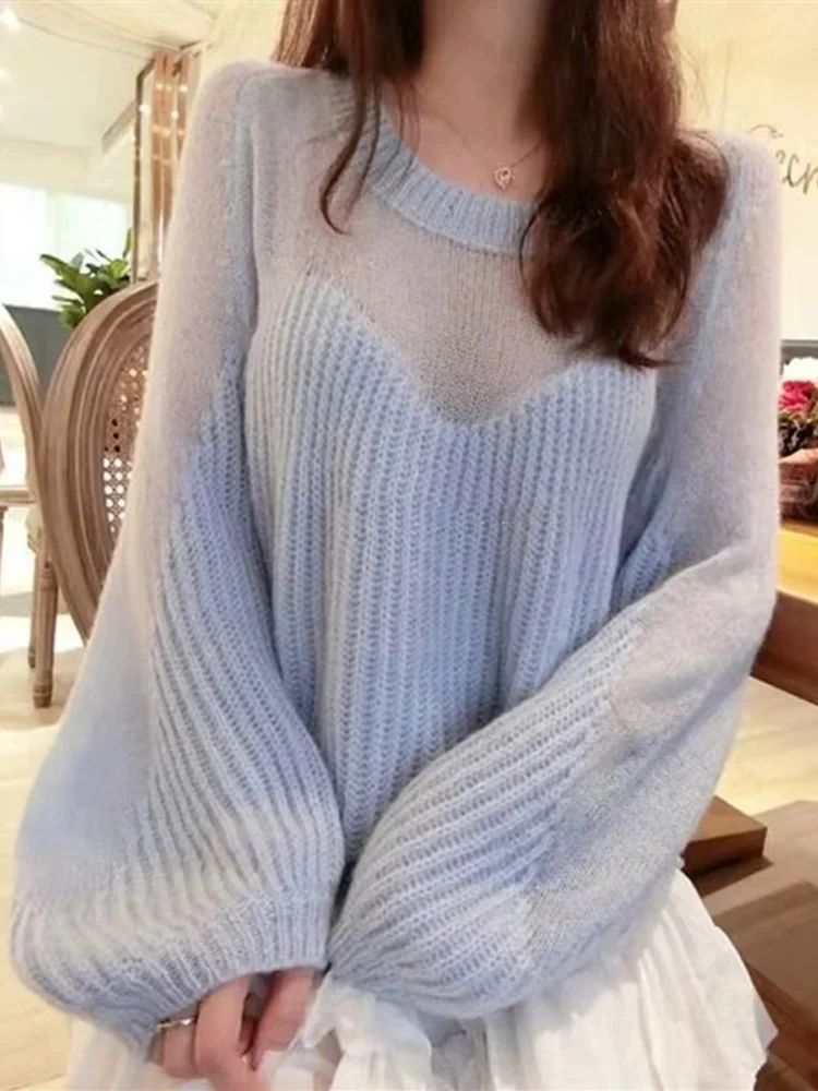 

Новая мода пуловер с рукавами-фонариками вязаный свитер женский повседневный свободный длинный рукав ажурные женские свитера зимняя одежда