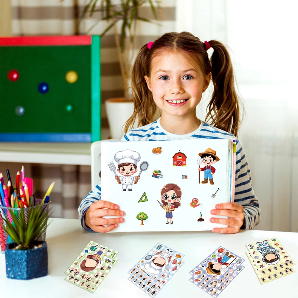 8/16 fogli Divertenti cartoni animati Occupazione Puzzle adesivi Crea un viso Telefono portatile fai da te Assemblare Jigsaw Education Decorazione adesivo