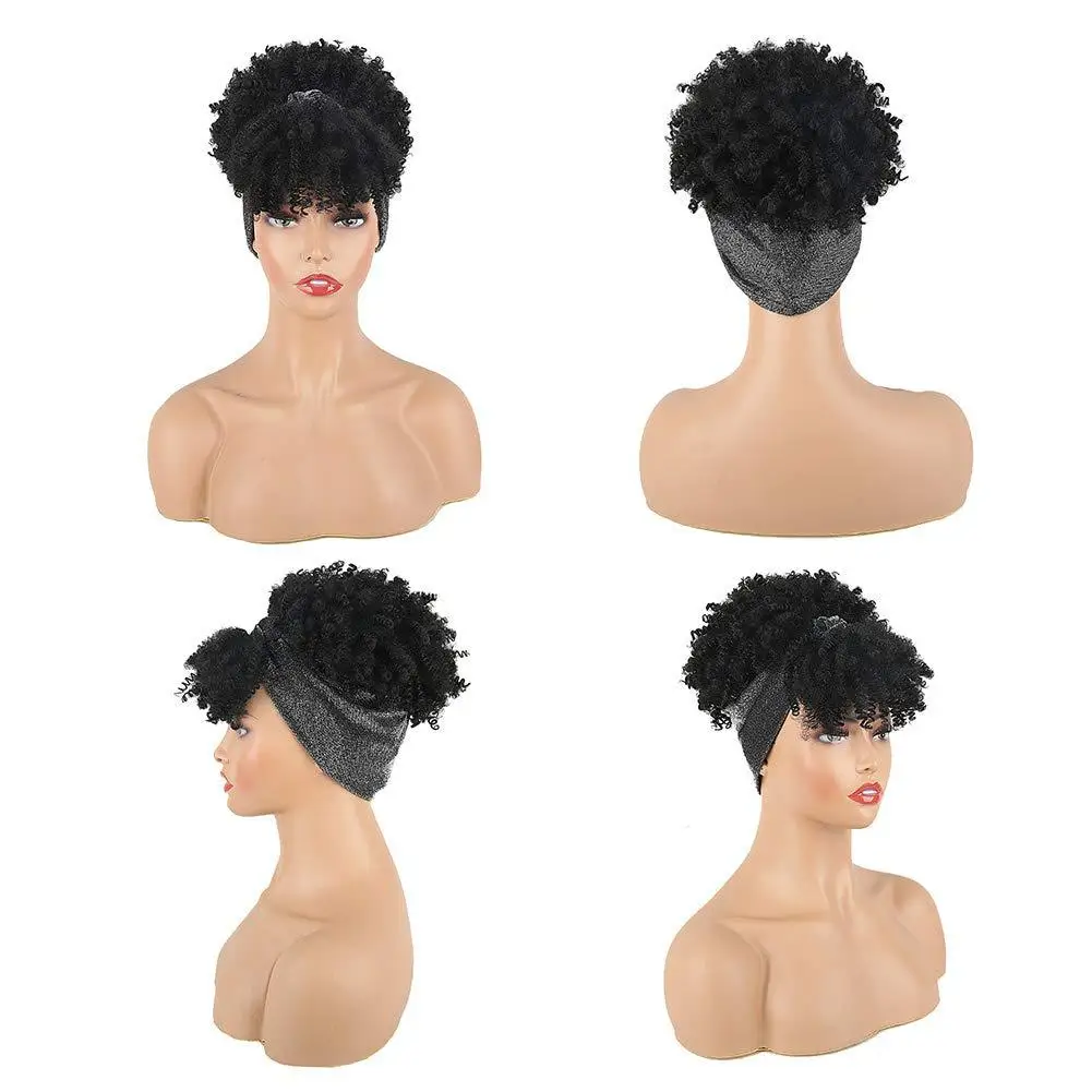 Black Women's Curly Hair Wig with Headscarf 2-in-1 Wrapped Wig,short African Curly Hair Synthetic Wig with Headscar