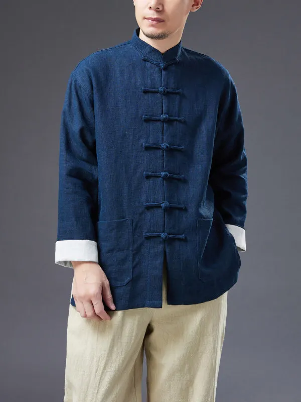 

Loose Fit Linen Jaet Men's Autumn Winter Stand Collar Button up Tea Ceremony Clothing Traditional Chinese Sle Outerwear