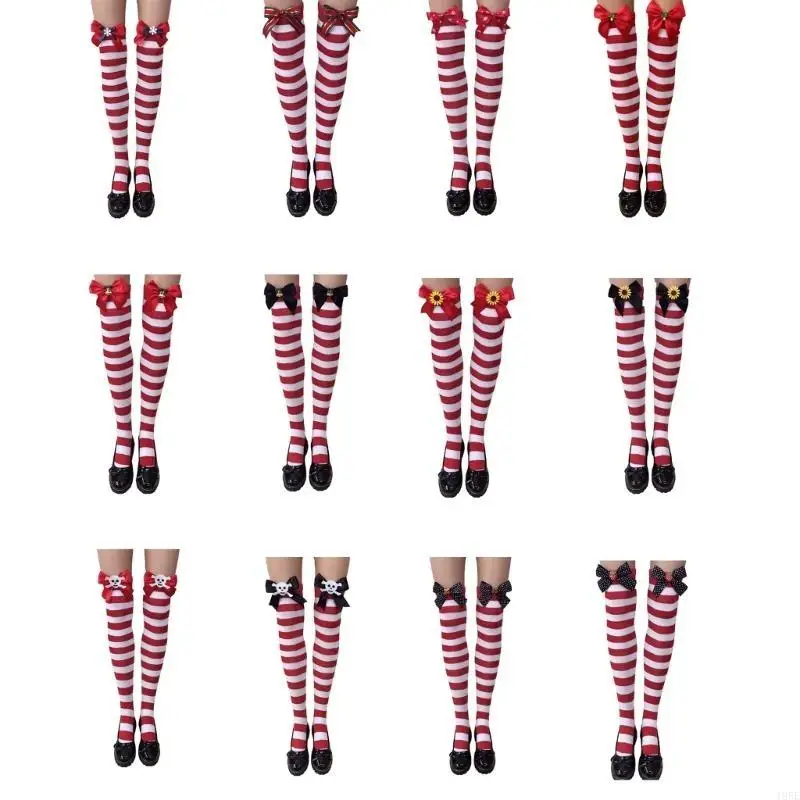 195E Sweet Bowknot Striped Over Knee Socks for Women Christmas Festivals Thigh High Long Tube Stockings Holiday Party Gift