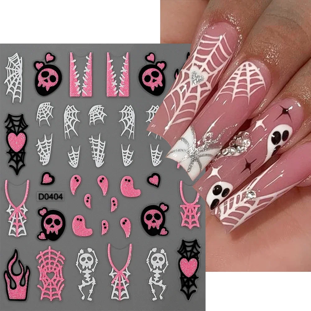 Rosa glitter pó crânio halloween 3d etiqueta do prego 10x8cm fantasma morcego aranha web estilo decalques de unhas diy inverno manicure decoração