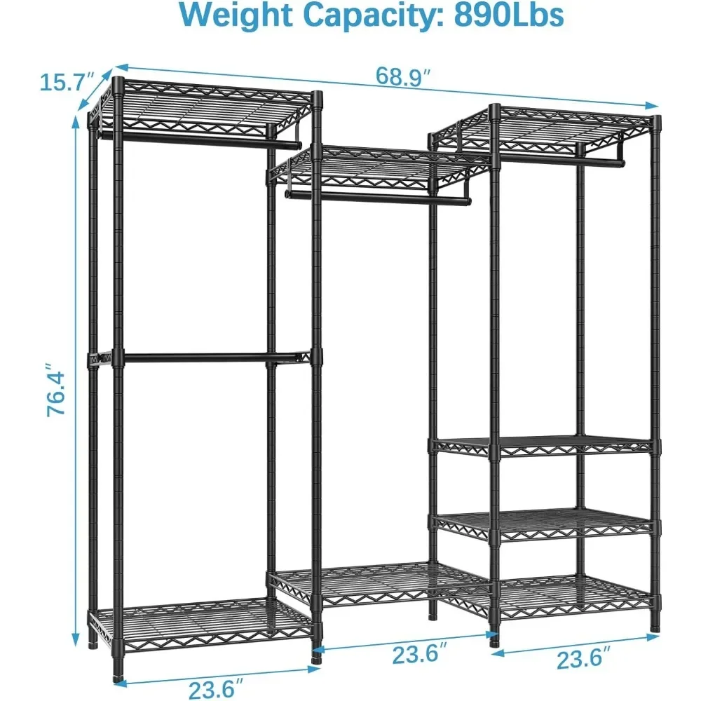 Clothes Rack, Freestanding Clothing Rack with 4 Hang Rods & 8 Shelves, Adjustable Closet Rack, Max Load 890LBS, Coat Rack