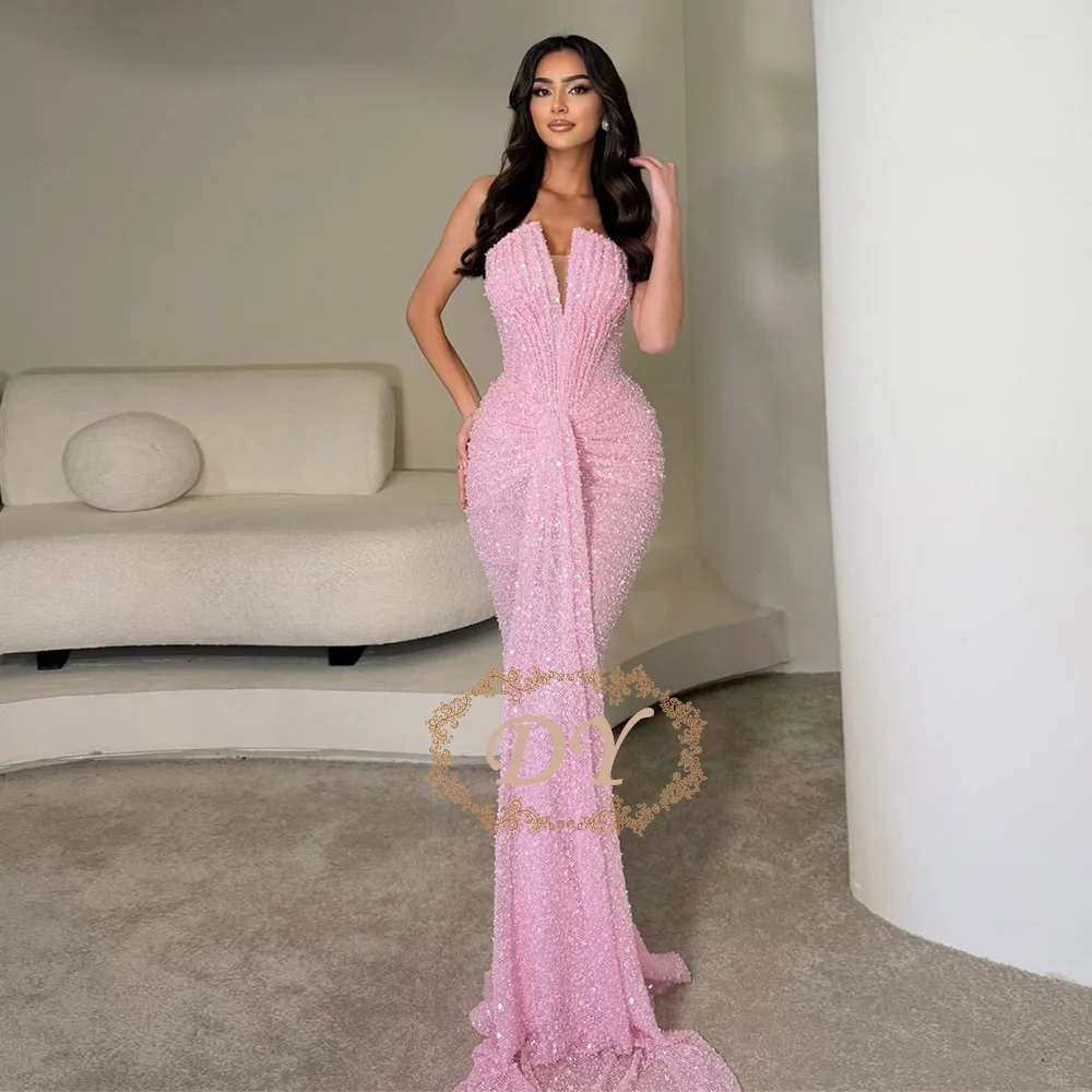 DY Charmantes rosa Meerjungfrauen-Abschlussballkleid mit Pailletten, trägerlos, bodenlang, formelles Abendkleid, Vestidos De Fiesta, individuell gestaltet