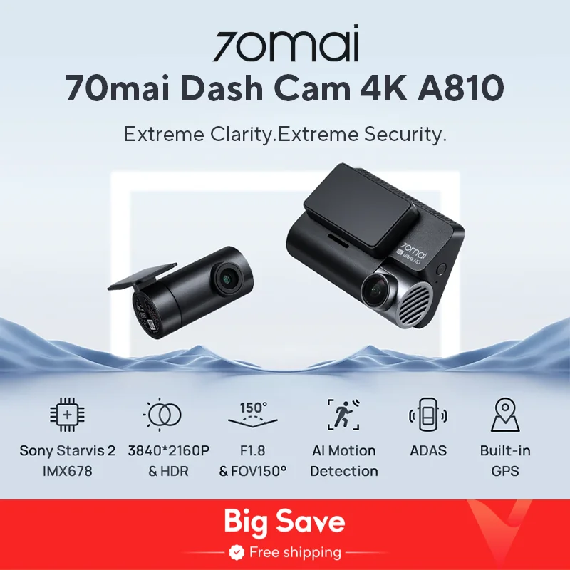 Видеорегистратор 70mai 4K A810 Ultra HD Встроенный GPS ADAS Автоматическая запись 150FOV Обнаружение движения 70mai A810 4G Автомобильный видеорегистратор Поддержка задней камеры