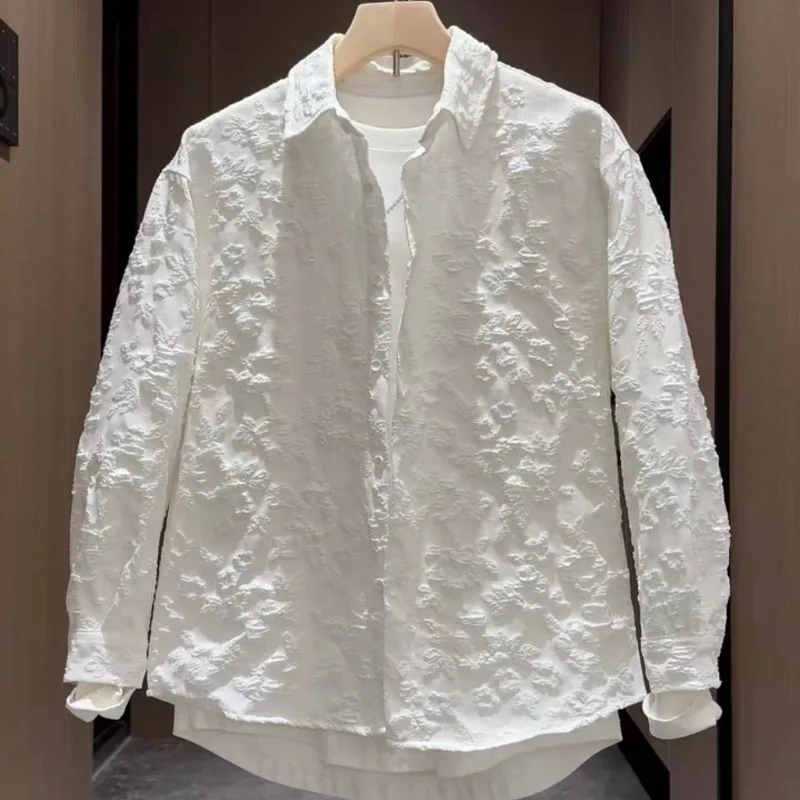Embossed Jacquard Long-sleeved Shirt for Men Spring and Summer Trendy Loose Casual Lapel Shirt Jacket