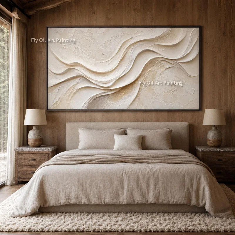 Large Textured Canvas Art Hand Painted Beige Wave Impasto Oil Painting Minimalist Home Interior Wall Decor