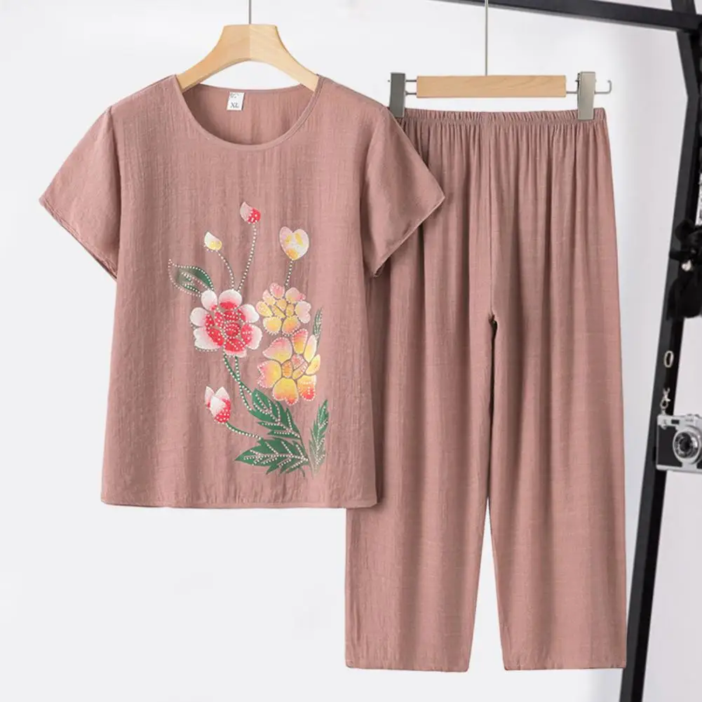 Summer 2 Piece Sets Women Flower Print O-Neck Short Sleeve Shirt Tops and High Waist Pants Suit Casual Tracksuit Female Outfits