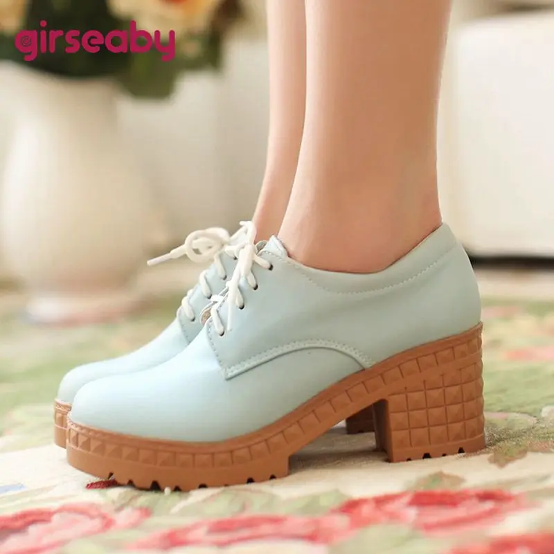 

Girseaby, новый дизайн, женские туфли-лодочки с круглым носком, блочные каблуки, платформа 6,5 см, 2,5 см, шнуровка, большие размеры 40, 41, 42, 43, модная обувь для свиданий