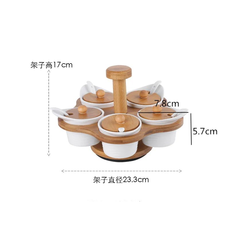 Ceramics Five Grid Spice Jar Rotatable Wooden Shelf White Piece Set Kitchen Seasoning Box Container