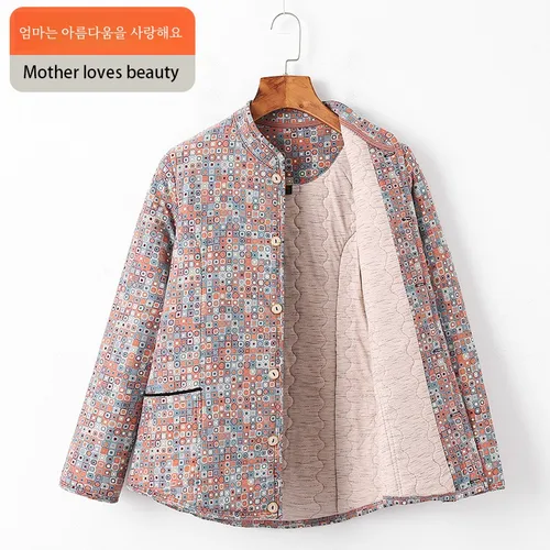 보온 면옷 여성복 직선형 단추 긴 소매 보온 중장년 여성용 카모플라주 홈웨어 가을 겨울 코트 재킷 면옷 
