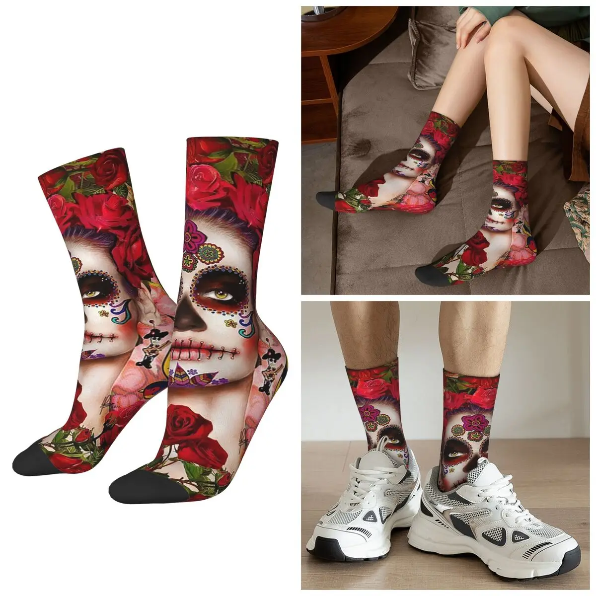 

Всесезонные мексиканские носки Catrina Girl Day Of The Dead с сахарным черепом, носки в стиле Харадзюку, чулки для мужчин и женщин, рождественский подарок