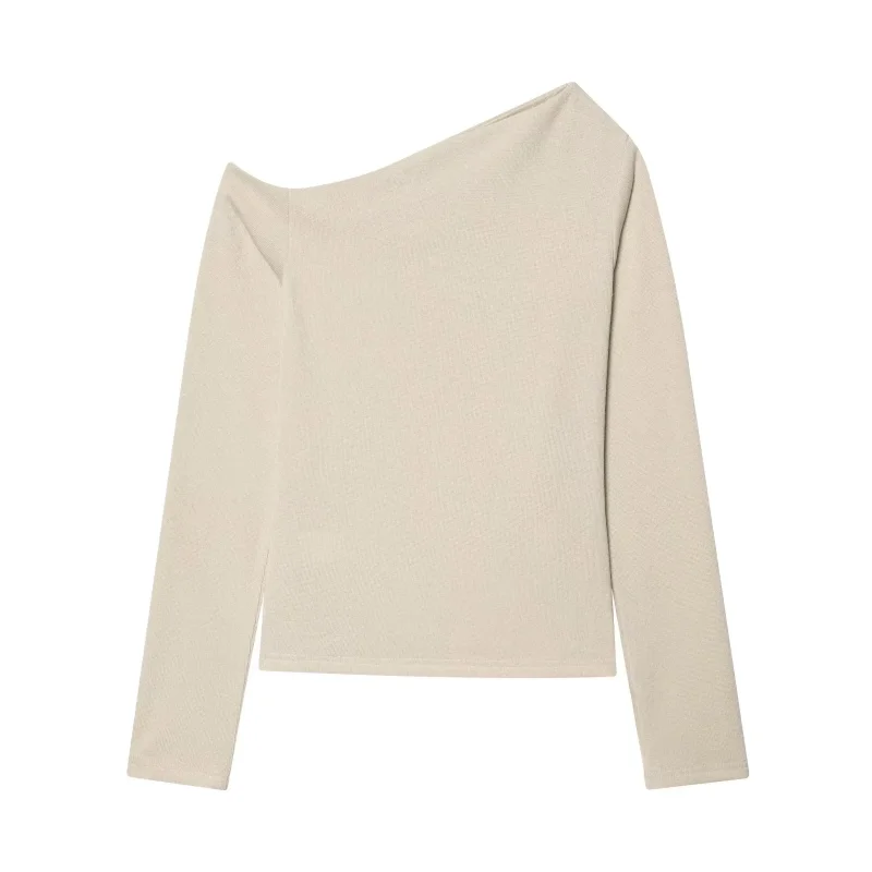 2026 Autumn New Style Trendy Pure Color Asymmetric Pleated Top Women's Base Shirt Lady Fashionable Streetwear Regular Fit﻿
