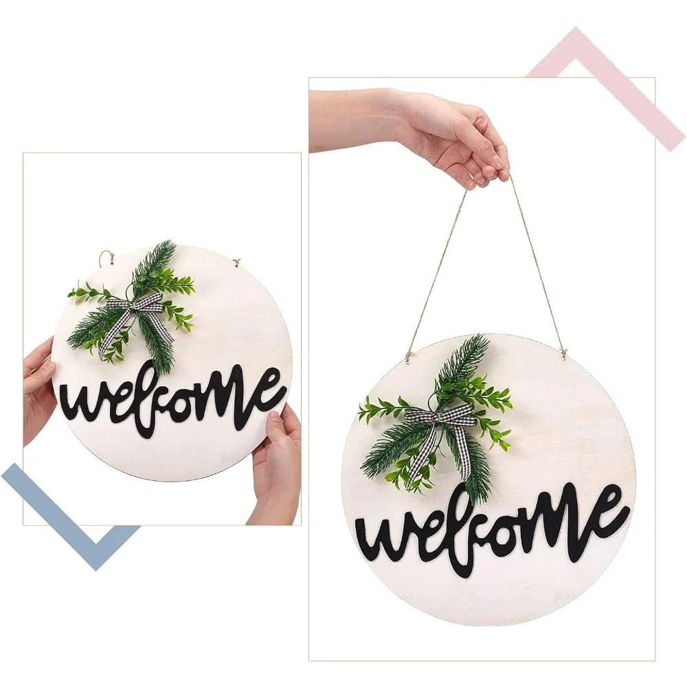 Hanging Welcome Sign Front Door White Round Welcome Door Sign with Wreath and Bow 11.81