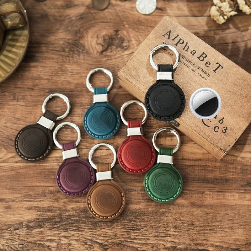 Genuine Leather AirTag Case for Apple AirTag, Tracker Holder with Key Ring, Anti-Lost Scratch-Resistant Cover for Pet Collars
