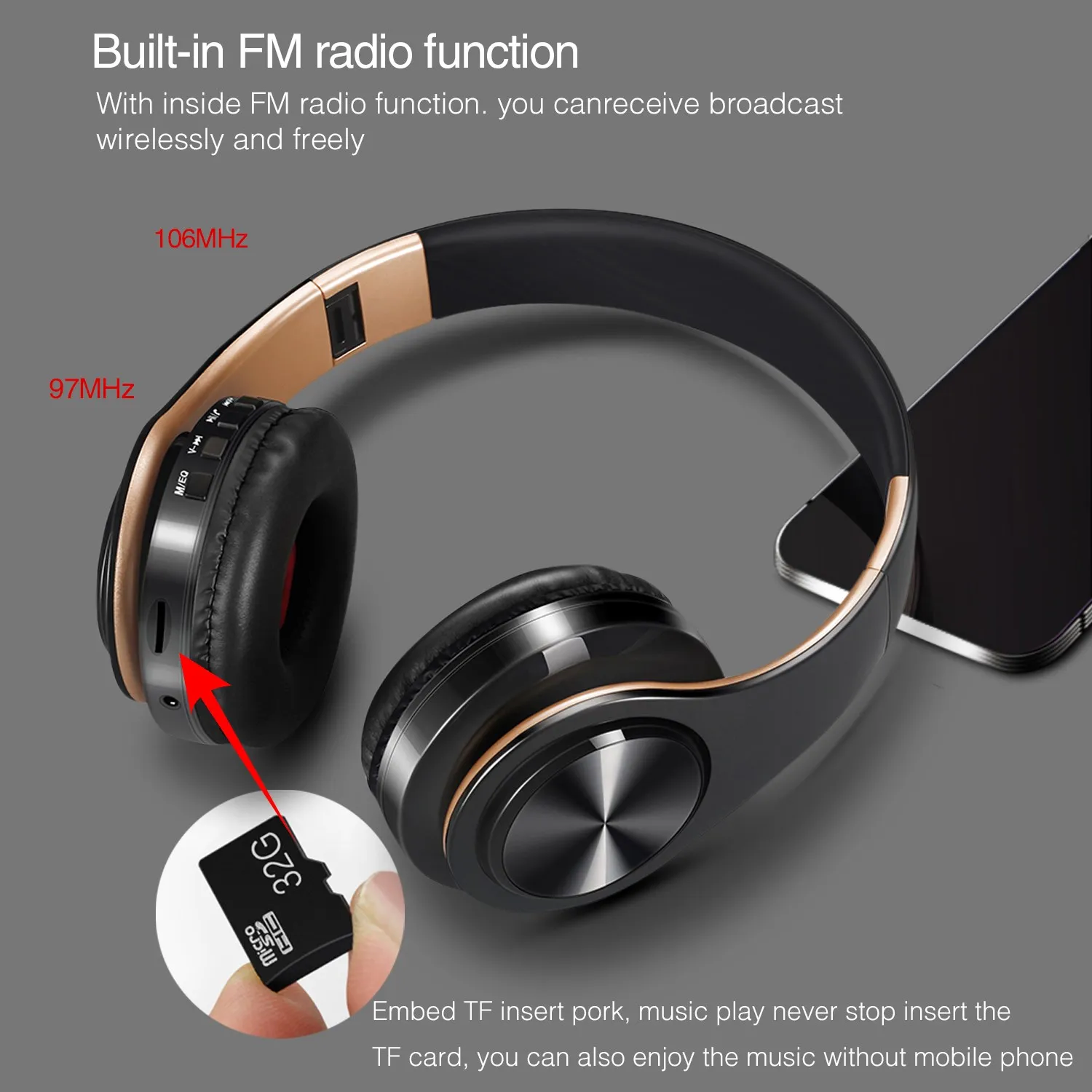 HIFI Stereo Earphones Bluetooth Headphone Music Headset FM and Support SD Card with Mic for Mobile Xiaomi Iphone Sumsamg Tablet