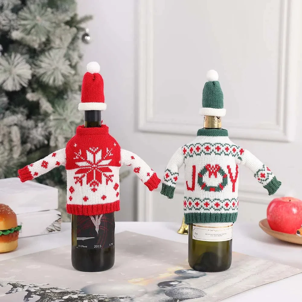 

Knitted Clothes with Hats Christmas Wine Bottle Cover Christmas Decorations Cartoon Knitted Clothes Wine Bottle Set Snowflake