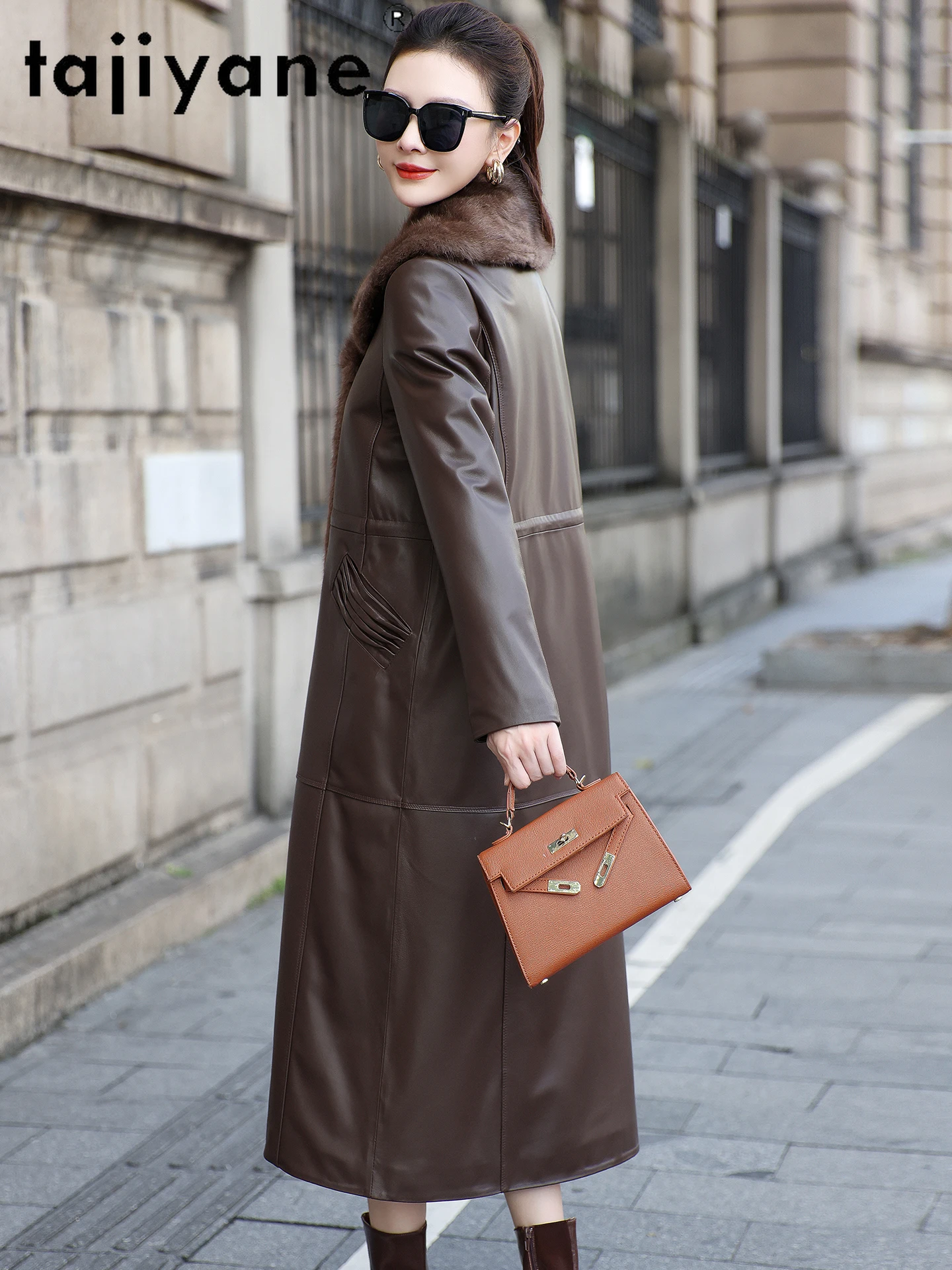 TAJIYANE طبقة علوية من جلد الغنم أوزة أسفل معاطف امرأة Muskrat الفراء طوق معطف الشتاء طويل سترة جلدية حقيقية ملابس حريمي 2025