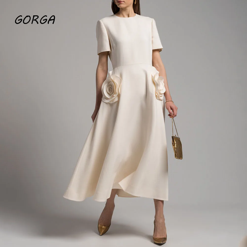 

GORGA Ivory O-Neck 3D Flowers A-LINE 2024 Slim Crepe Ocassion Gown Ankle-Length Evening Dress فستان سهرة نسائي