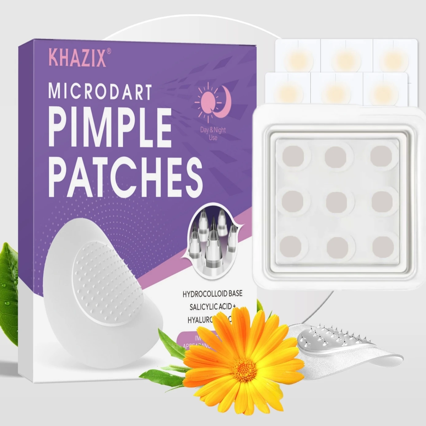 Microneedle acne patch, used to cover blemishes and conceal acne. The microneedles are shorter than 3 millimeters.