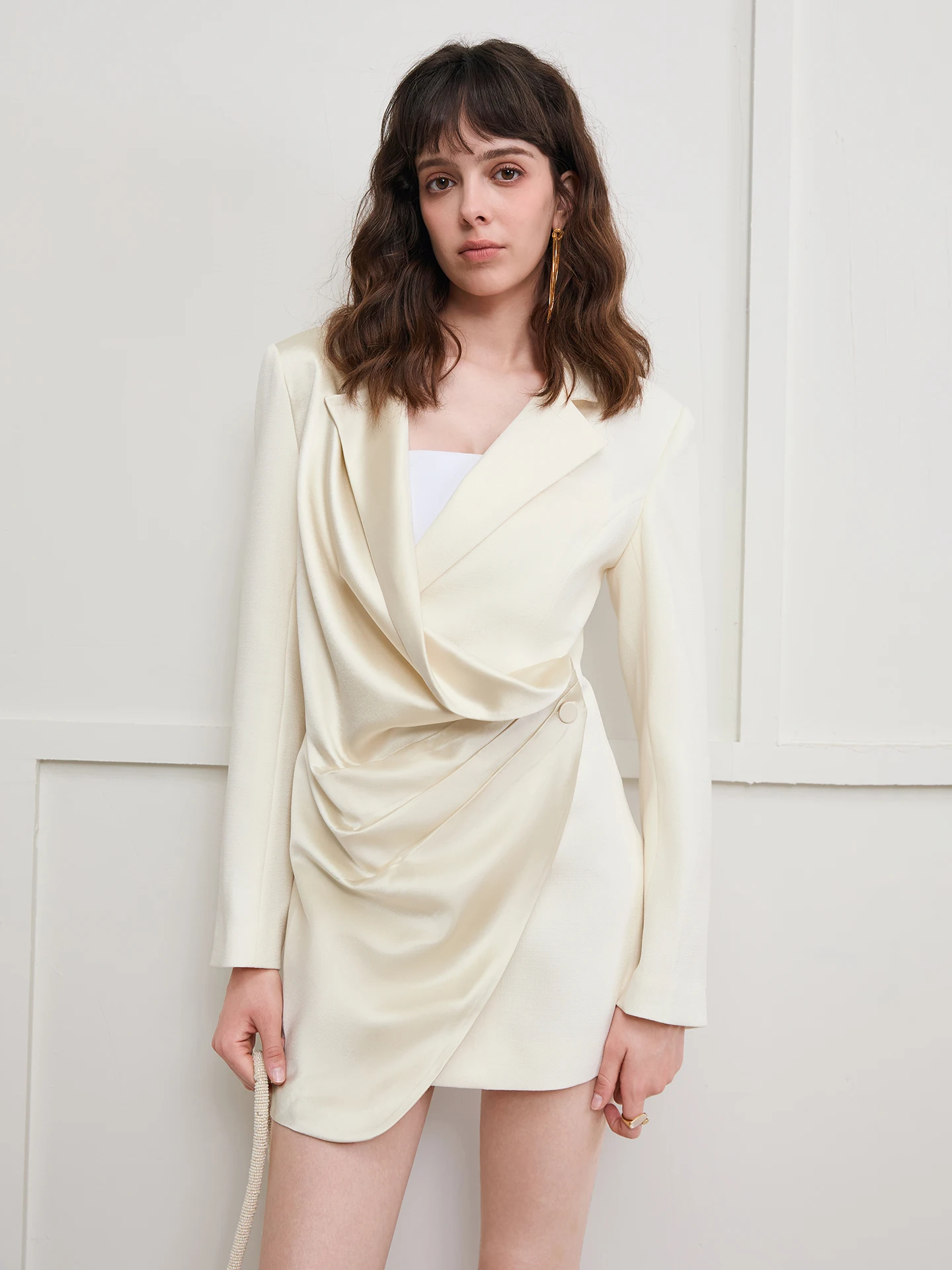 

Garbociaga Song Xi High Densi Acetate Satin Pleated Suit Dr V-Ne Long Sve H-Sle Korean Version Commute Dr