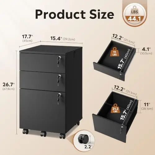 3 Drawer Mobile File Cabinet with Individual Locks, Rustic Brown | Wood Filing Cabinet for Home Office, Mobile Printer