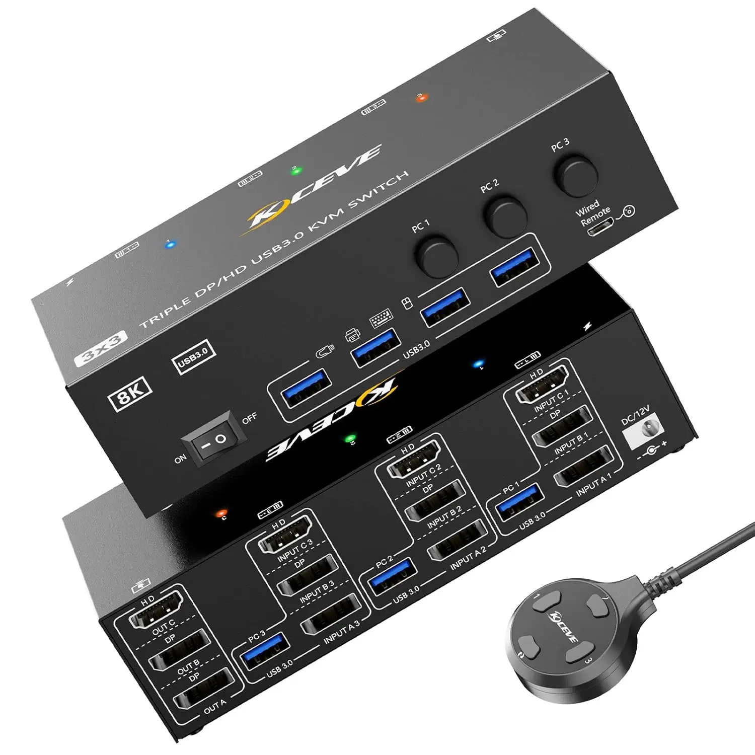 

8K KVM Switch 3 Monitors 3 Computers HDMI DisplayPort USB 3.0 DP KVM Switcher 8K@30Hz/4k@144Hz Triple Monitor DP KVM for 3 PC Sh