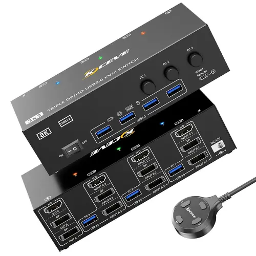 Imagen 1 del producto Kceve 8k KVM switcher 3 Display 3 Computer HDMI Display port USB 3.0 DP KVM switcher 8K@30Hz /. 4k@144Hz Triple Display DP kvm para 3 PC que comparten 3 monitores y 4 dispositivos USB 3.0