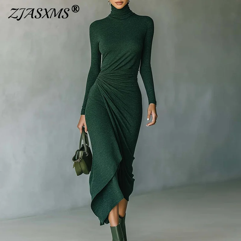 2026 Spring Casual Turtleneck Slim Irregular Dress Woman Elegant Solid Draped Long Dress New Autumn Long Sleeve Femme Boho Dress