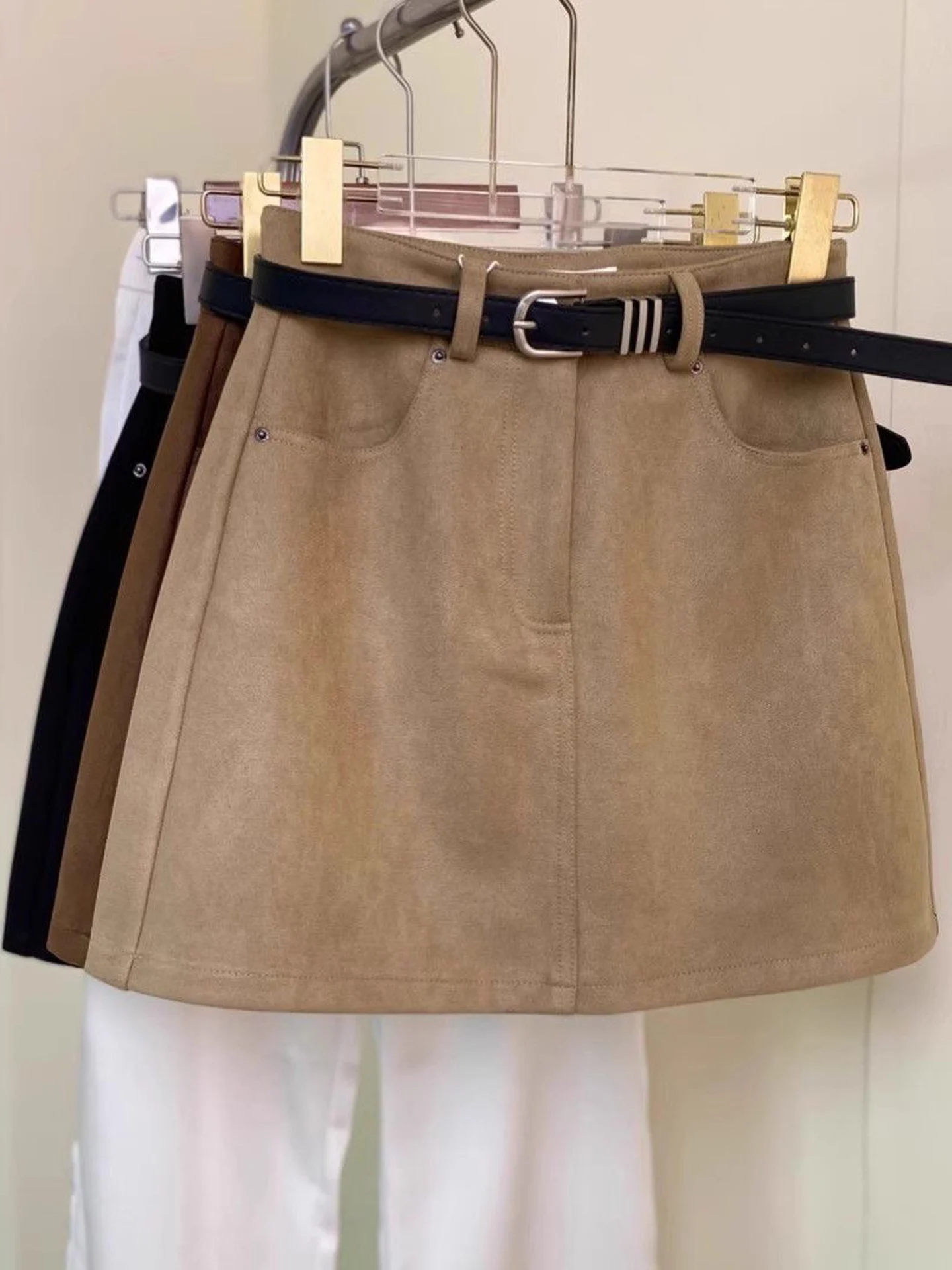American Style High Waist Deer Skin Velvet A-Line Skirt Women's Fashion Retro All-Match Short Skirt Wrap around Skirt