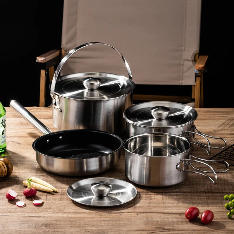 

Outdoor 304 stainless steel folding cooker set camping picnic frying integrated outdoor pot portable soup pot