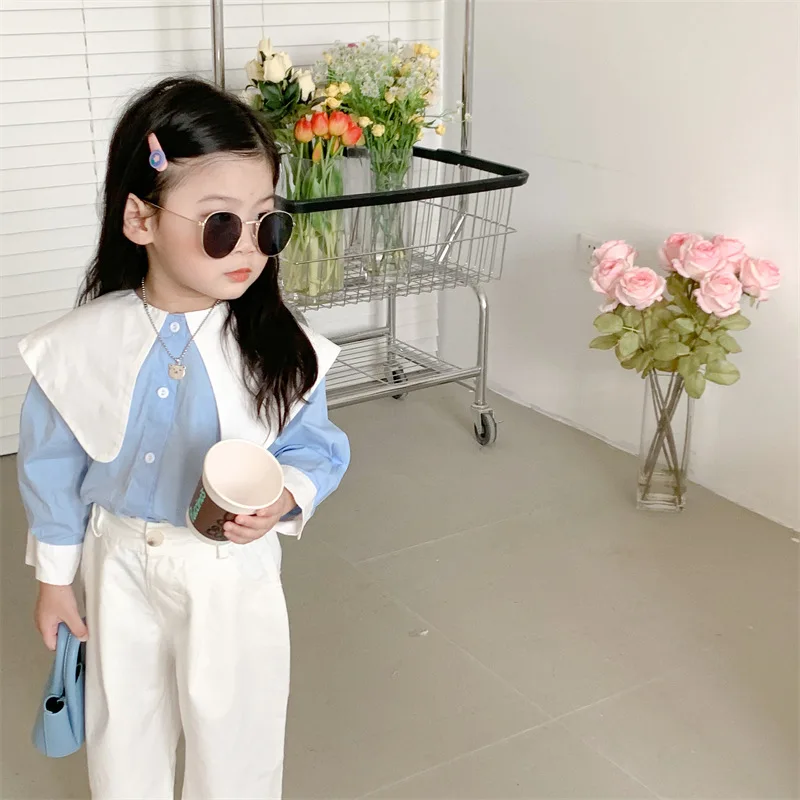 Shirt Top Cute Sweet Spring Autumn New Korean Girl Contrast Color Lapel College Long Sleeve Leisure Active
