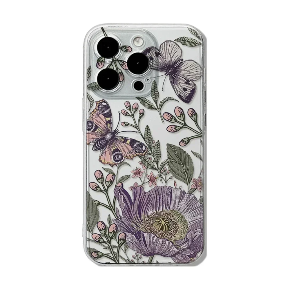 Beautiful Butterfly and Purple Flower Clear Case for iPhone 14 15 16 Plus 12 13 11 Pro Max Ultra Slim Soft Silicone Floral Cover