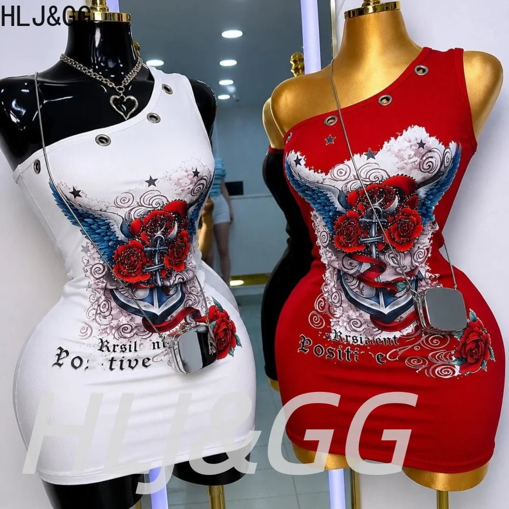 HLJ&GG Sexy Vintage Pattern Letter Print Bodycon Mini Dress Women Sleeveless Backless Slim Vestidos Fashion Hollow Club Clothing