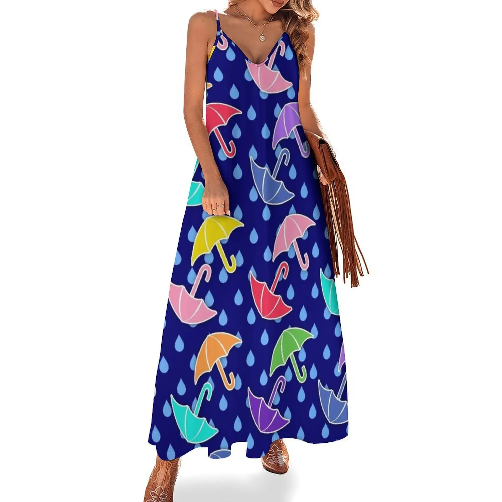 

Umbrellas and Raindrops Colorful Pattern Sleeveless Long Dress dresses for womens 2025 womens clothing Dress
