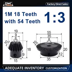 1 set 1:3 Bevel Gear 1 Modulus 18Teeth + 54Teeth 18T to 54T 90 Degree Drive Commutation Steel Gears Steel Gears