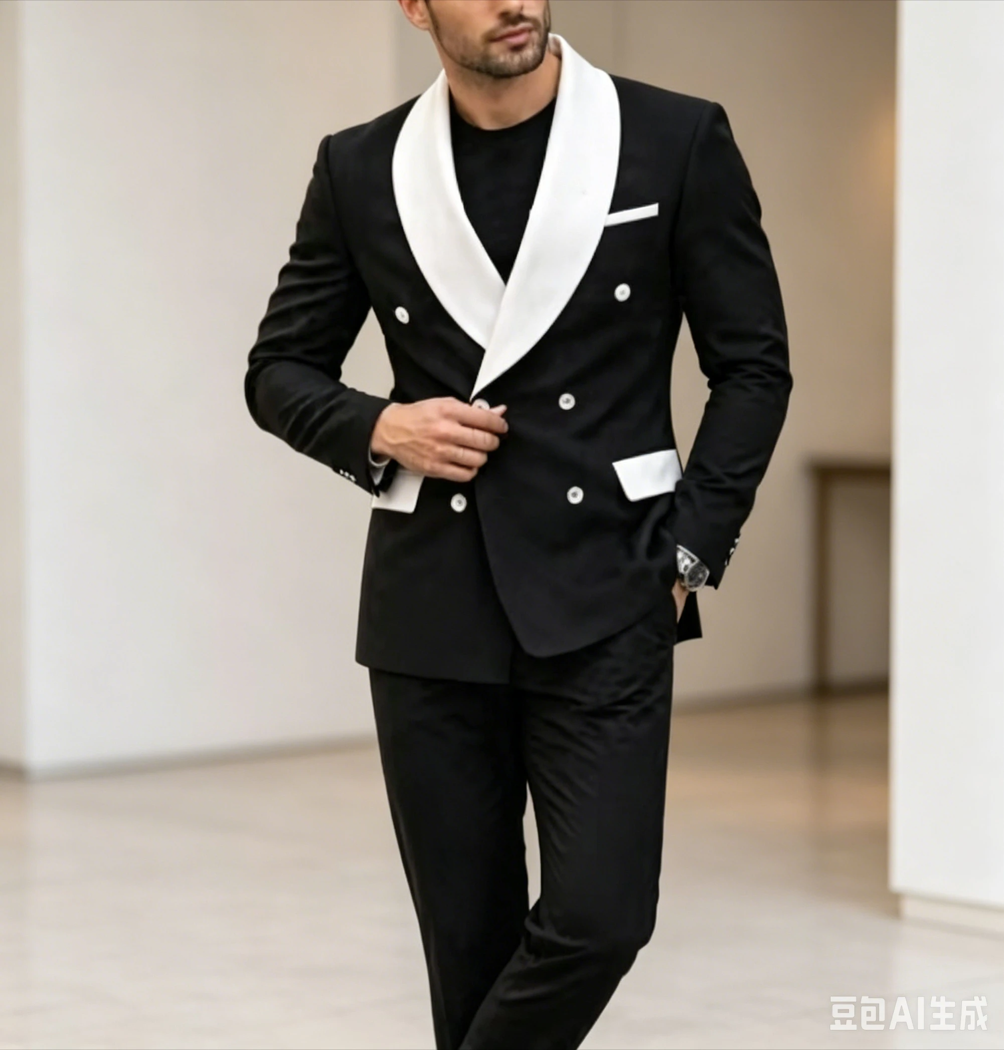 

New White Lapel Black Business Men Suit Wedding Party Prom Groom Groomsman Formal Occasions Tuxedos 2 Piece Set Blazer Pants