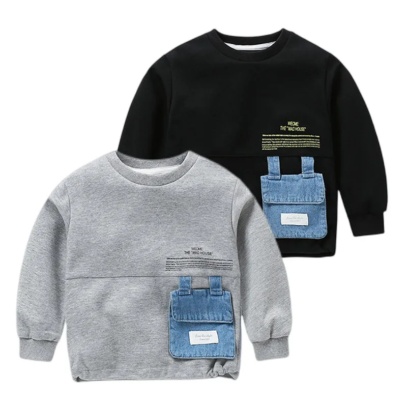 2023 Spring Autumn Fashion 2 3 4 5 6 7 8 10 Years Children Black Gray Denim Pocket Color Patchwork Sweatshirt For Kids Baby Boy