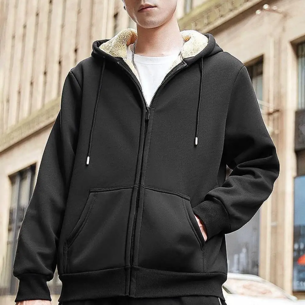 Solid Color Long-sleeved Men Hoodie Men Coat Cozy Men\'s Winter Coat Plush Hooded Cardigan with Drawstring Long Sleeve Zipper