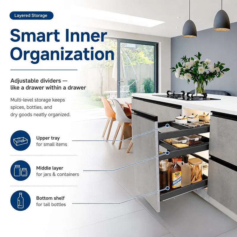 Kitchen Cabinet Pull Basket Black Spice Rack Organizer Multi-Function Pull Out Storage Drawer Basket