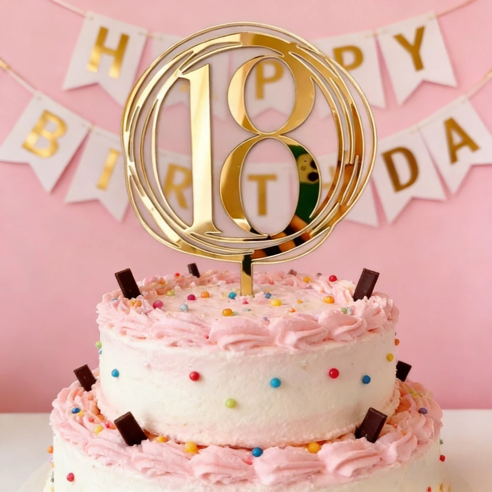 Acryl-Kuchenaufsatz für eine 18. Geburtstagsfeier, mit goldenem Design, perfekt zum Dekorieren von Kuchen und Cupcakes. – Detail 5