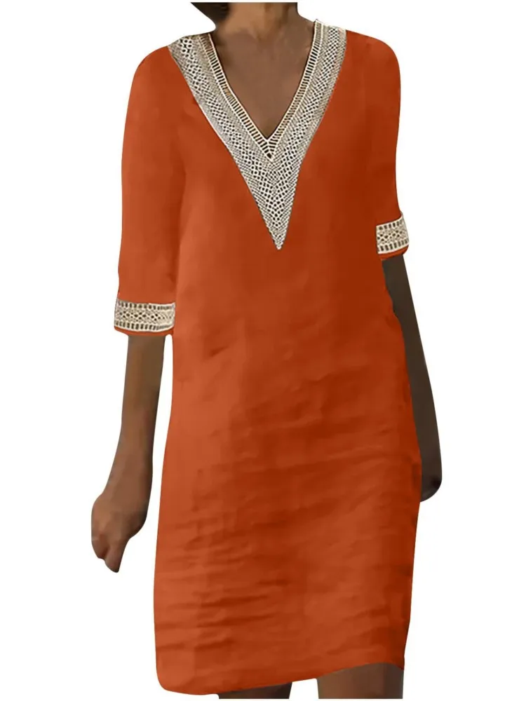 

Women Vintage Cotton Linen Dresses 2025 Summer Fashion Hollow Sexy V-neck Loose Midi Dress Casual Solid Color Beach Dress Female