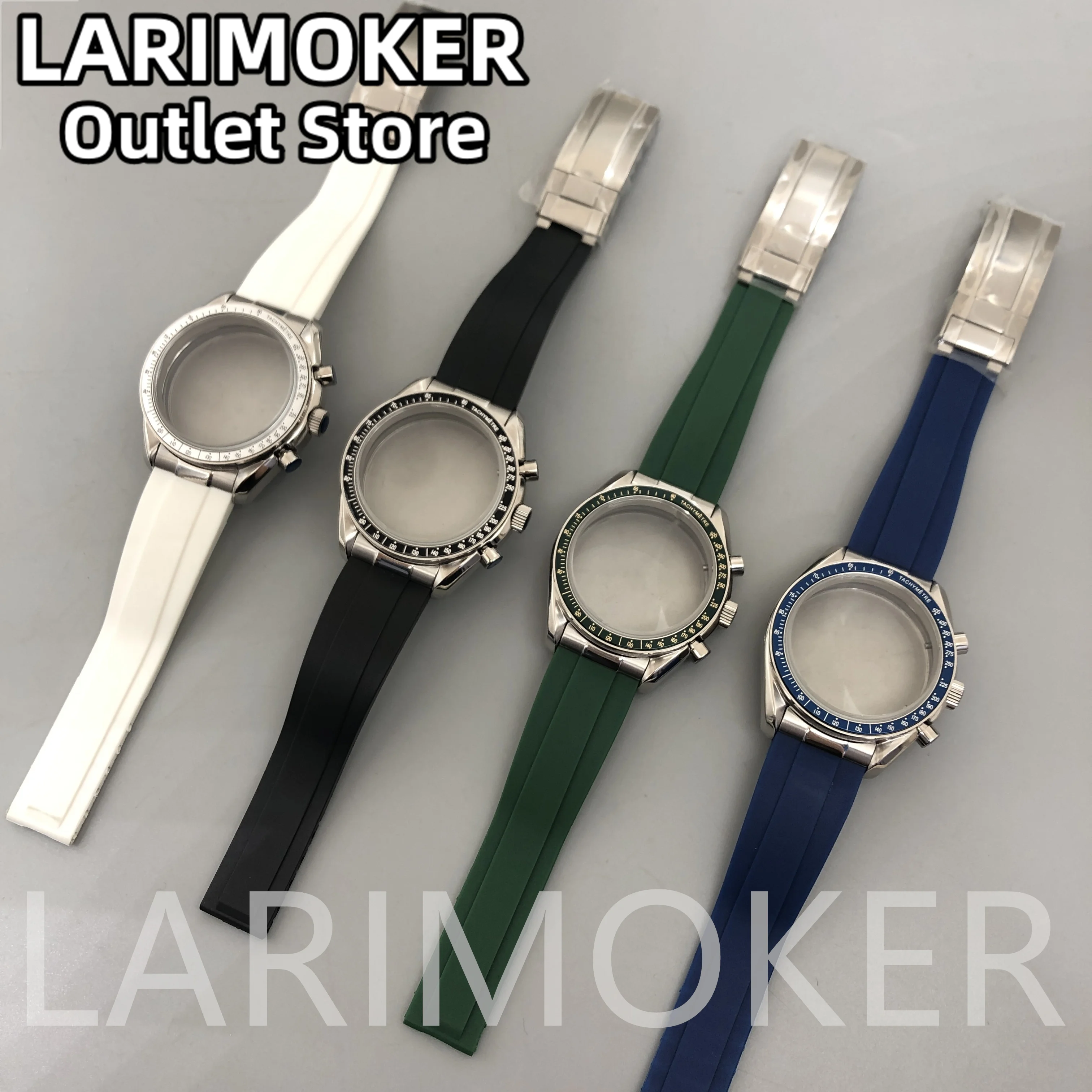 LARIMOKER 40mm Silver Watch Case Automatic Mens Watch White Blue Black Green Rubber Strap fit VK63VK64 watch Accessorie Bracelet